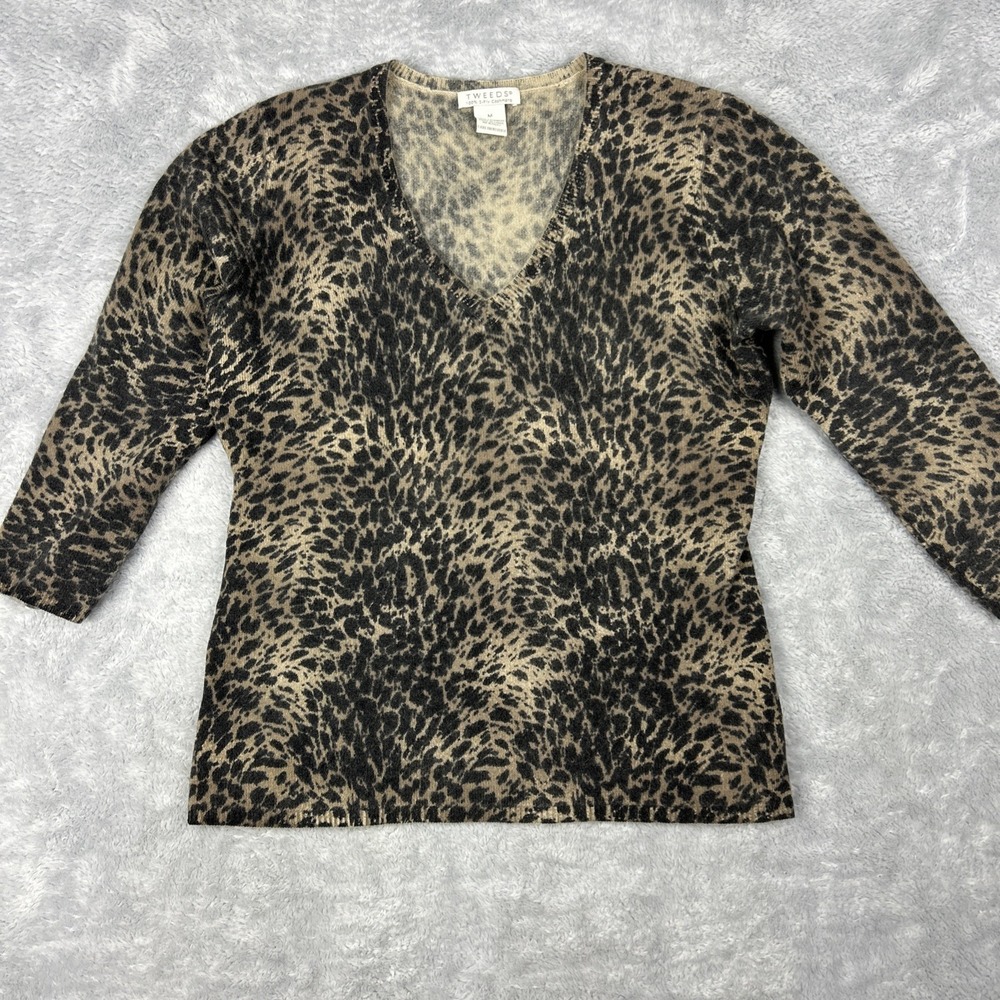 Tweeds‎ Sweater 100% 2 Ply Cashmere Sz M Animal Print 3/4 Sleeve V-neck Pullover